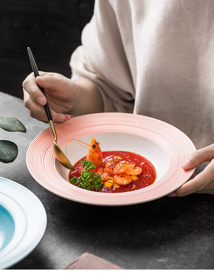 云和堂ins欧式创意草帽盘家用拉丝纹意面盘西餐汤盘盘子餐具定制