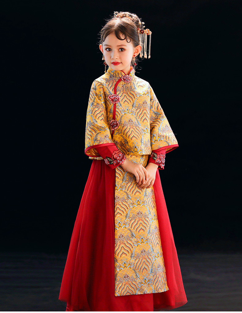 2020新款儿童礼服女童古装加厚中式秀禾服花童两件套古筝演出旗袍