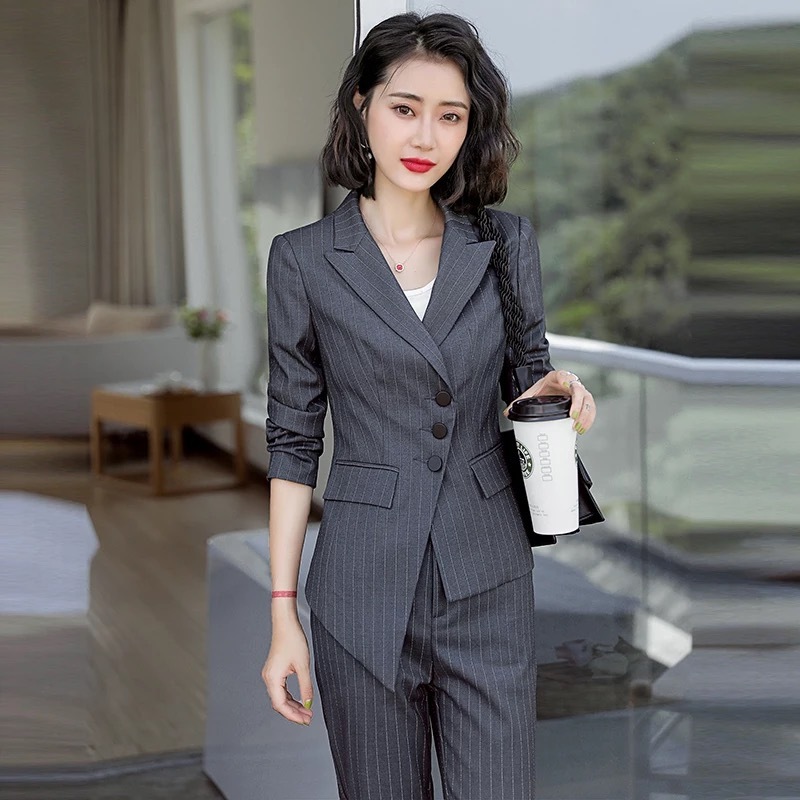 职业女裤套装正装春秋新款条纹不对称西装工作服休闲时尚长袖工装