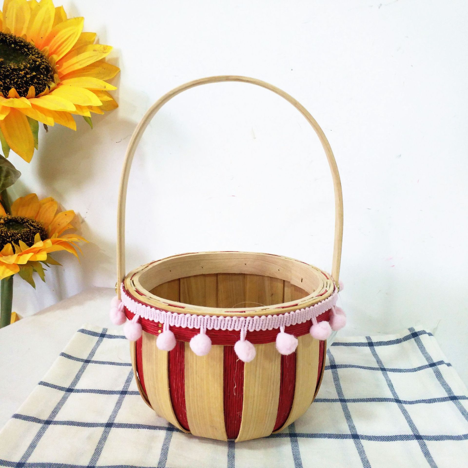 手工木片编织迷你南瓜形手提插花篮礼品包装篮拍照伴手礼提篮
