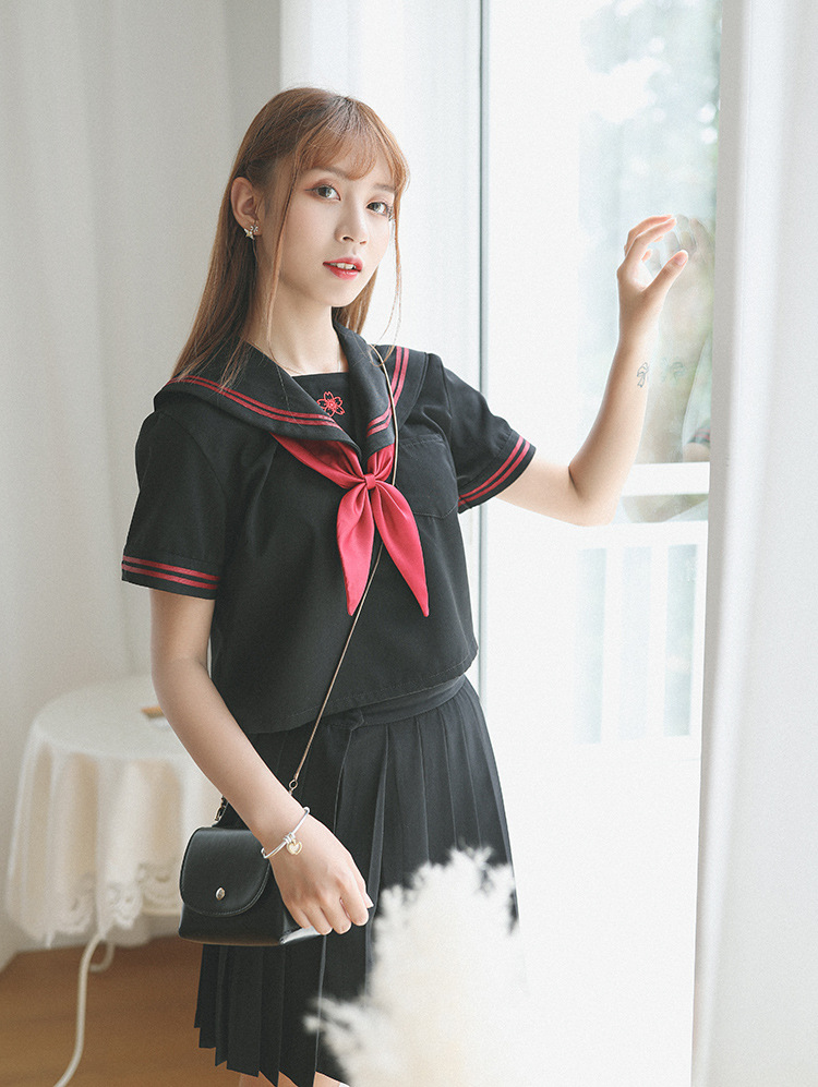 日系jk制服长袖刺绣赤二本软妹服不良黑色水手服学生装中间服套装