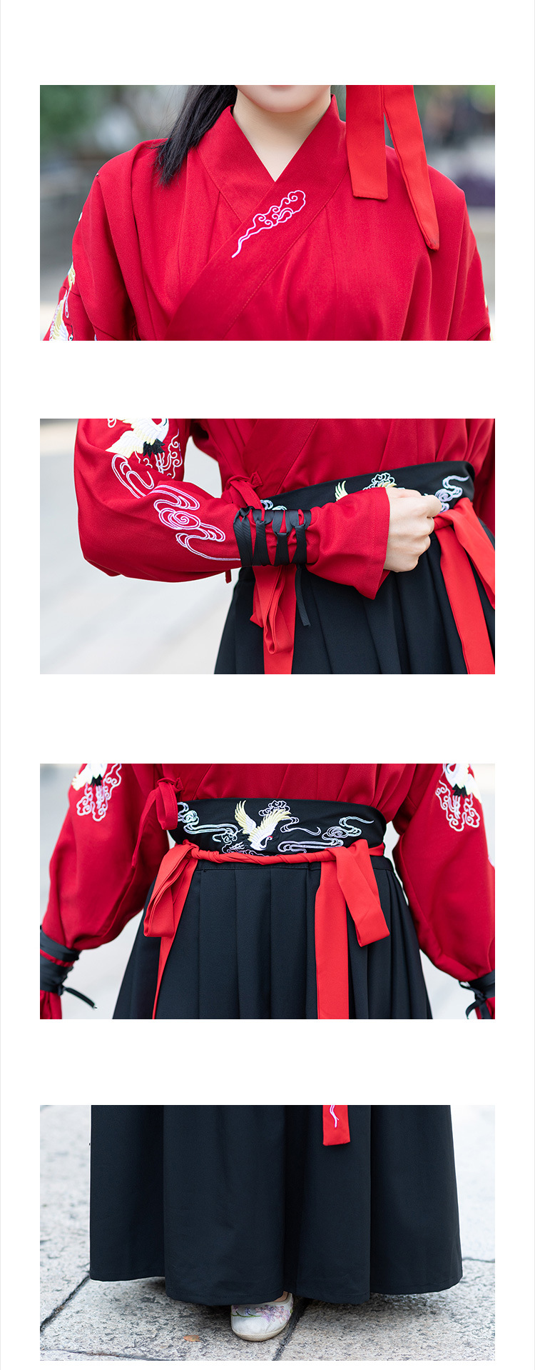 原创传统汉服女成人红黑汉服女古装男装学生重工仙鹤绣花学生班服