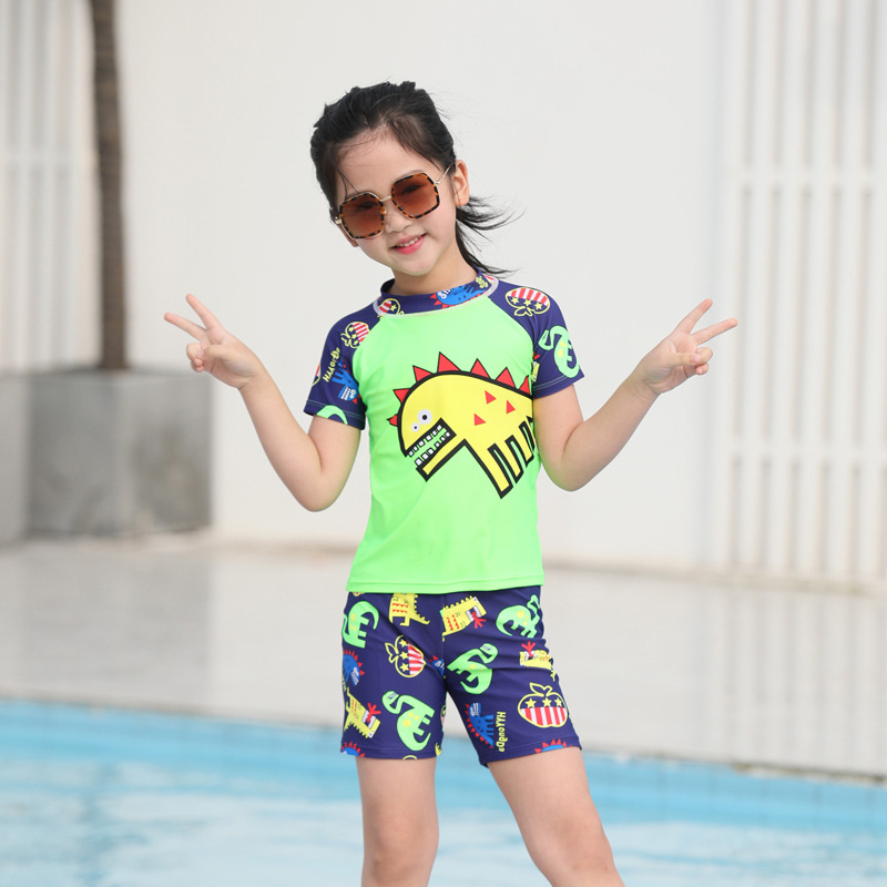 儿童泳衣男童孩游泳衣中大童温泉泳裤套装泳帽宝宝卡通恐龙三件套