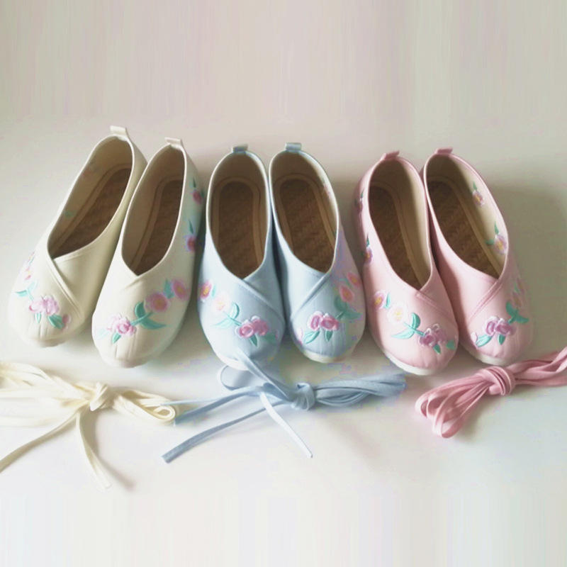 复古民族风绑带鞋帆布刺绣绣花鞋橡胶底平底古风女鞋汉服鞋