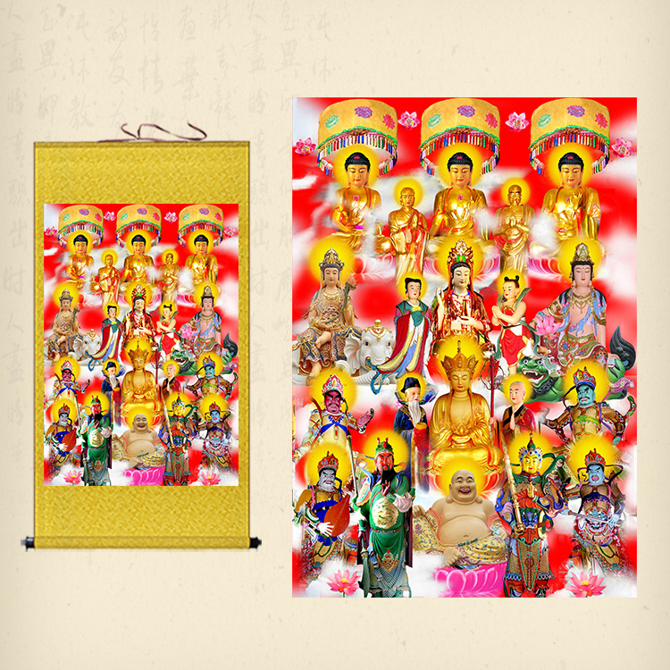 佛教画像全堂佛卷轴画众佛图丝绸画满堂佛挂画条屏佛像定制已装裱