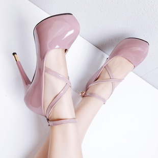 12cm超高跟防水台漆皮细跟交叉绑带单鞋