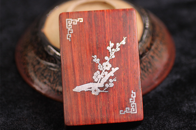 小叶紫檀木镶银挂件紫檀镶嵌四象梅花如意挂饰吊坠配饰品厂家批发