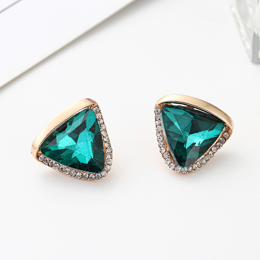 chinten 欧美跨境几何三角形玻璃宝石耳饰品水钻镶嵌女士耳环