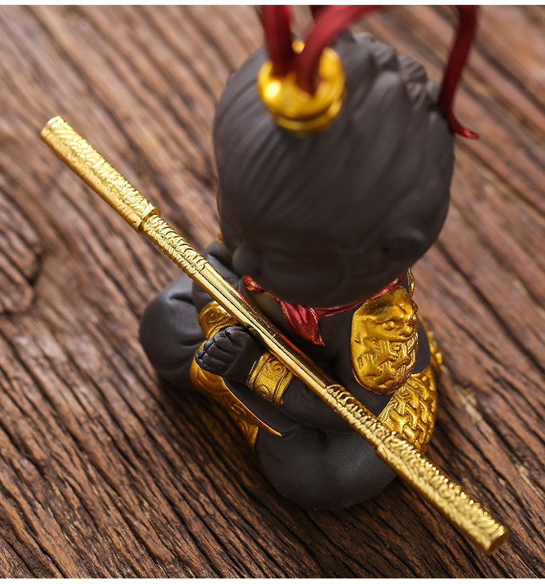 创意描金紫砂茶宠齐天大圣凤翅紫金冠茶玩摆件猴鱼缸造景茶道配件