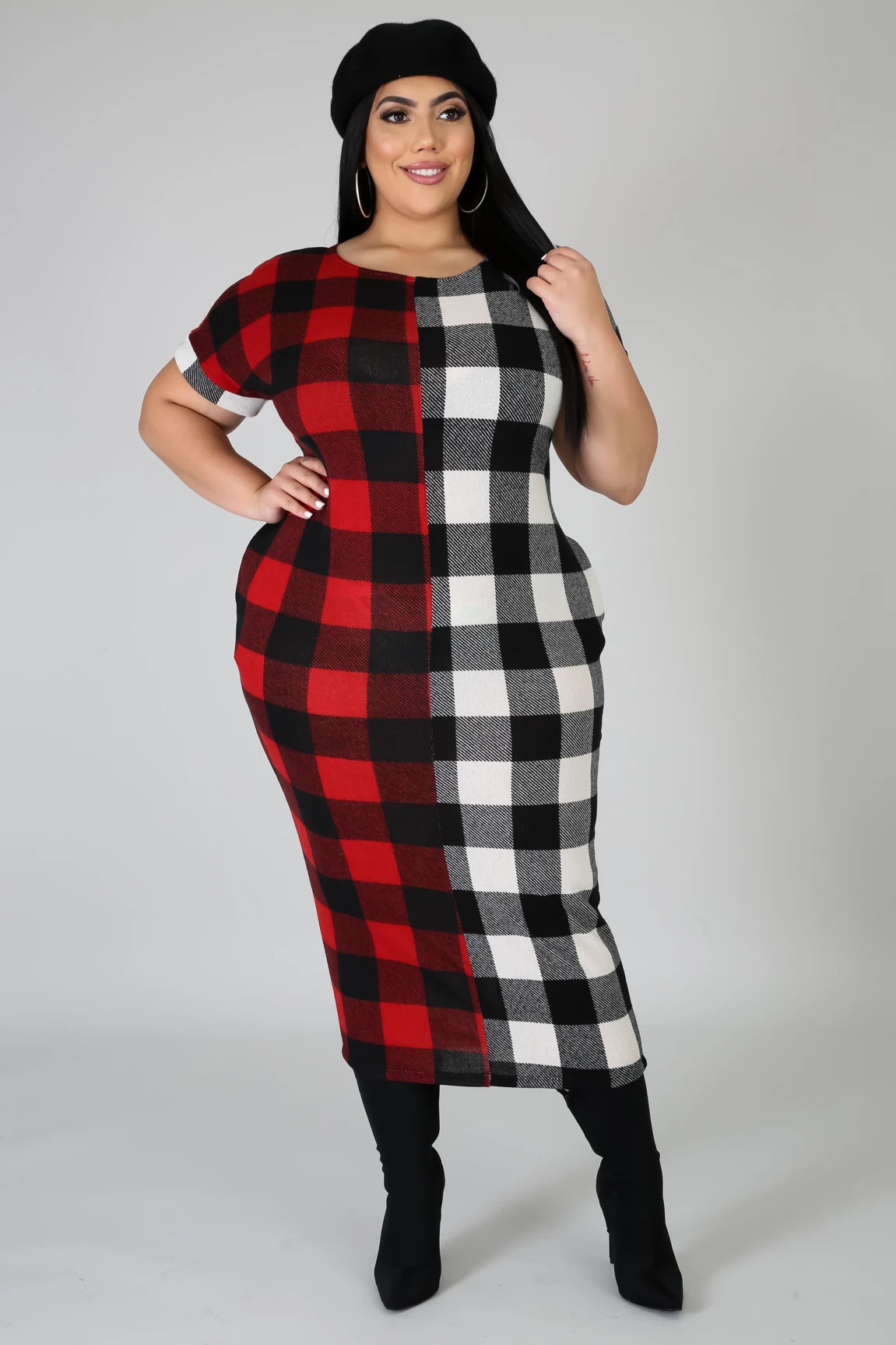 sj3299 亚马逊欧美加大码女装 新款拼色格子印花胖女人肥婆女