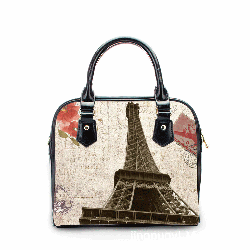 埃菲尔铁塔图案斜挎手提单肩包女时尚小方包印花pu女士包包bags