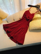 性感吊带小红裙蝴蝶结礼服红色高腰吊带气质连衣裙65133