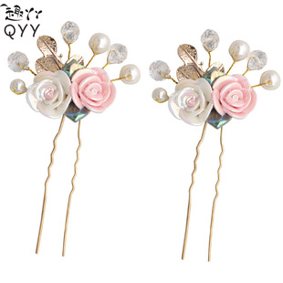 新款秀禾旗袍古风发饰唯美水钻珍珠手工发夹气质新娘跟妆盘发发饰