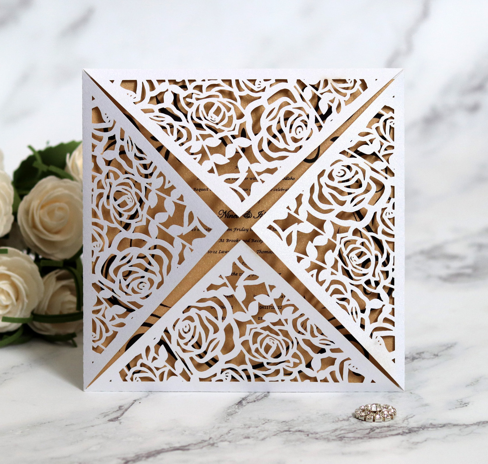 正方形logo定制玫瑰请帖镂空蕾丝花纹贺卡婚礼结婚请柬商务邀请函