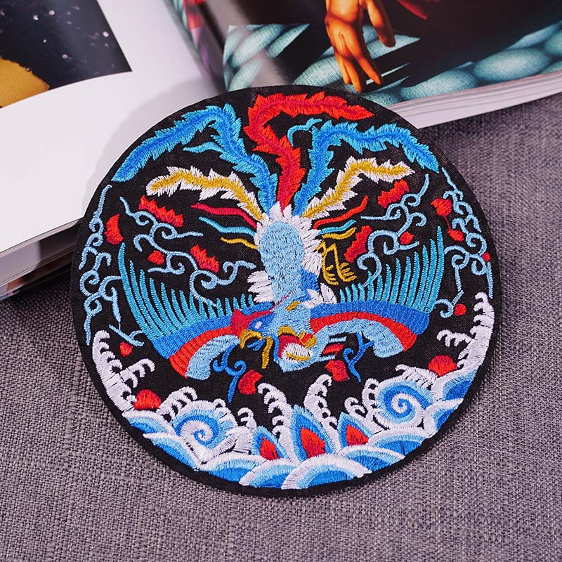 经典时尚新款民族风龙凤圆形补子中号刺绣布贴无边款精致补丁贴布