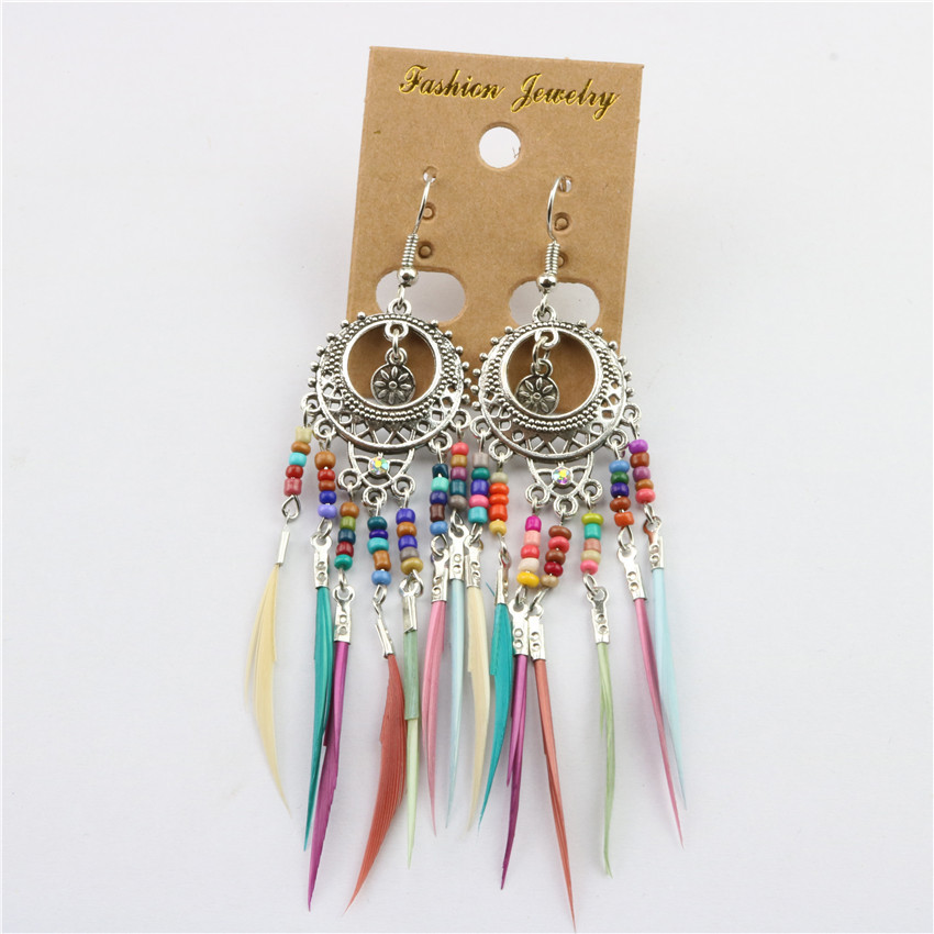 2019 European and American Personalized Exaggerated Hot Selling Bohemian Vintage Hollow Oval Colorful Bead Feather Tassel Earrings