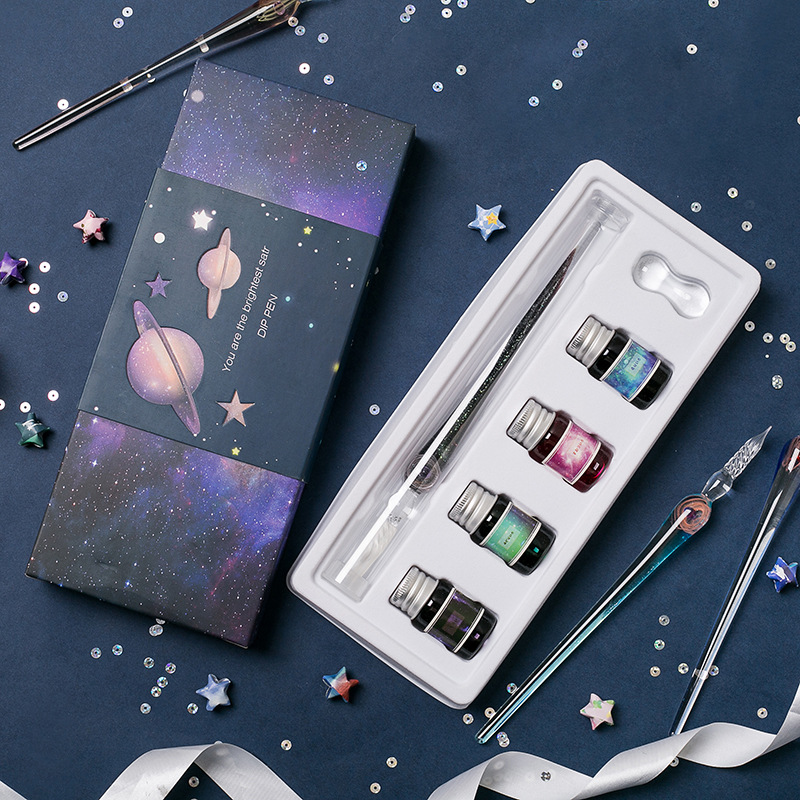 星空球玻璃笔彩色礼盒套装签字笔商务礼品玻璃笔套装学生用钢笔