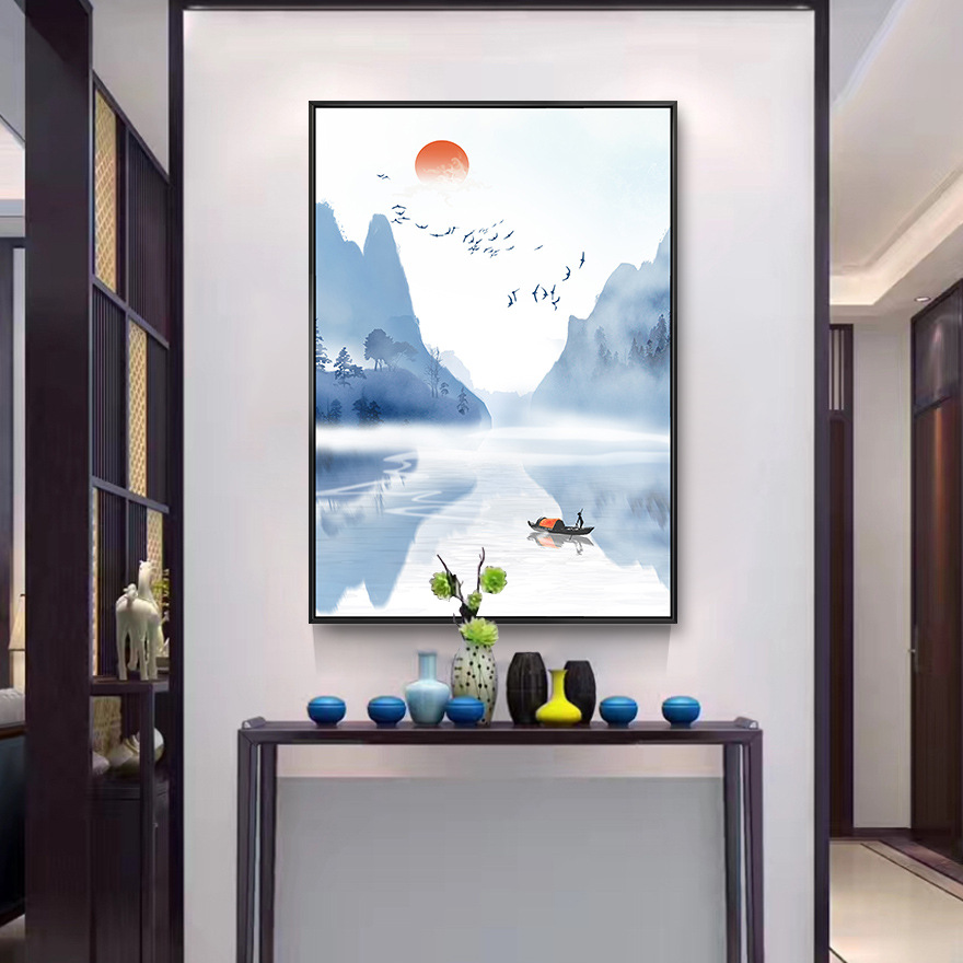 新中式玄关装饰画走廊入户竖版挂画过道水墨风景山水壁画现代简约