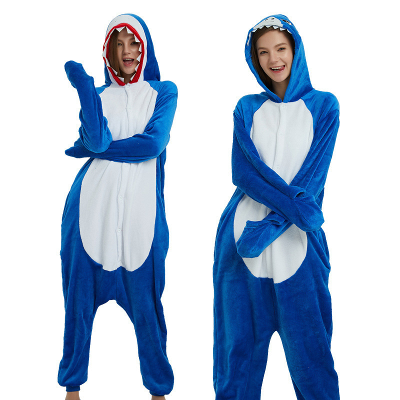 秋冬款鲨鱼卡通动物连体睡衣如厕版家居服表演装法兰绒