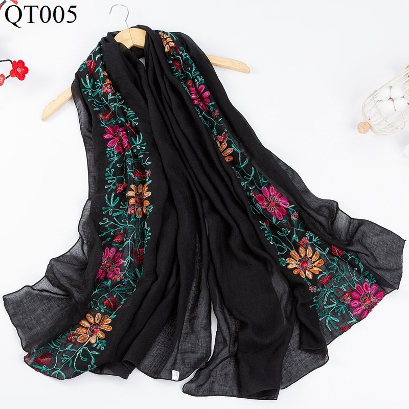 New Autumn and Winter Ethnic Style Scarf Women's Fashion Cotton Vintage Travel Shawl Flower Embroidery Cotton and Linen Scarf Wholesale