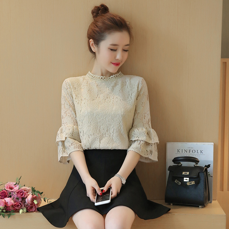 夏装新款韩版喇叭袖白色蕾丝衫钩花镂空娃娃衫上衣女小清新小衫潮跨境