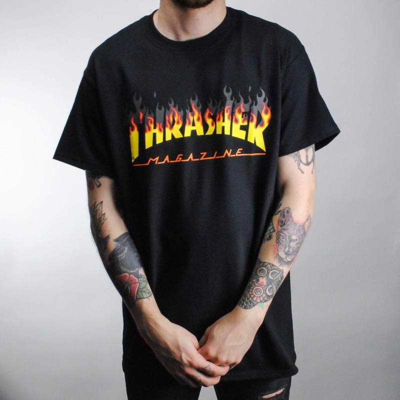 2019春季thrasher男女情侣装火焰图案套头短袖青春流行领男式t恤