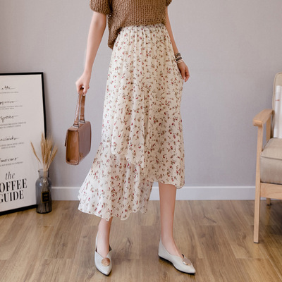 雪纺碎花不规则半身裙女中长款仙女高腰港味学生韩版a字裙子