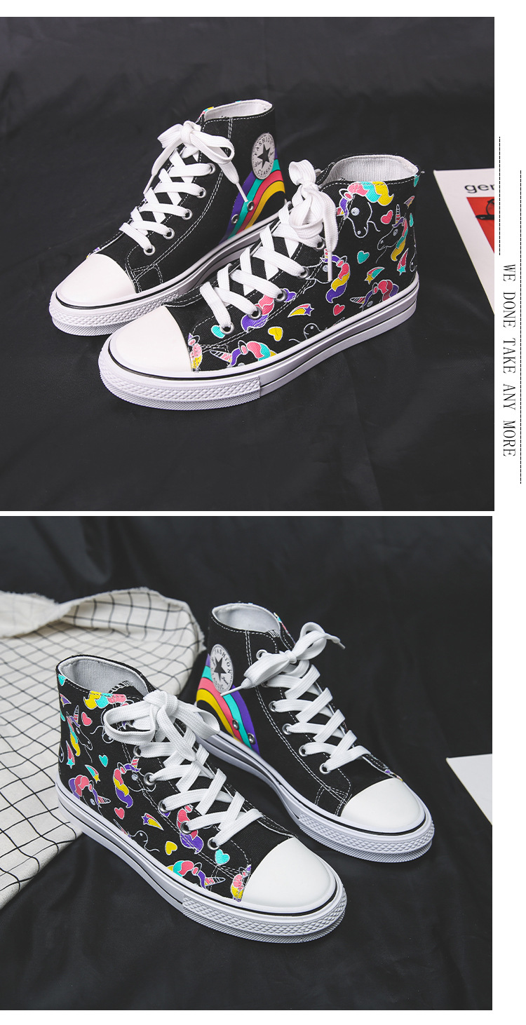 2019夏款黑色高帮独角兽帆女鞋手绘鞋彩虹布鞋3天涂鸦板鞋橡胶鞋