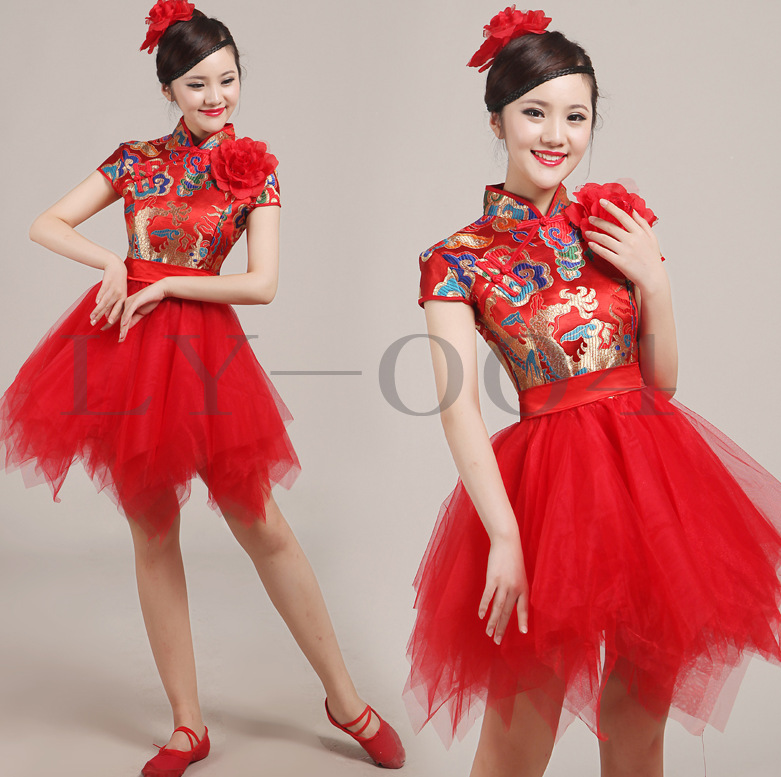 新款打鼓演出服女舞台水鼓服中国风现代舞蹈服装快板蓬蓬裙成人
