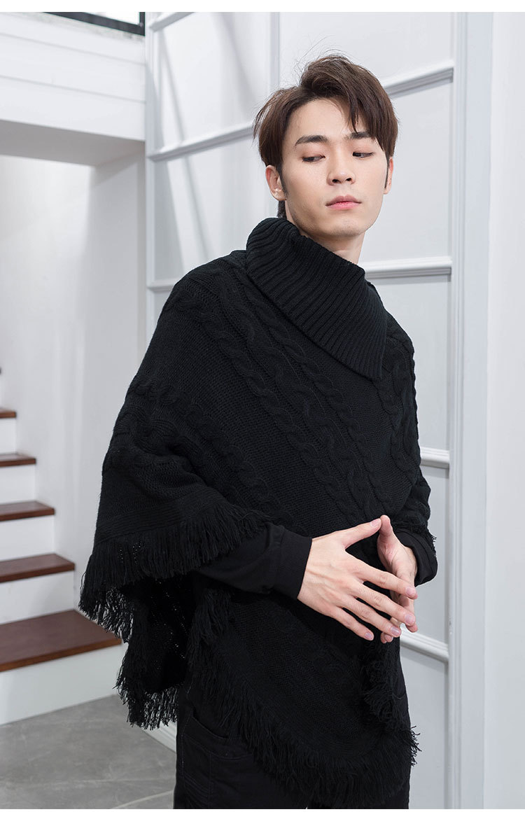 跨境外贸欧美日韩一件代发批发现货斗篷男披肩高领毛衣短款蝙蝠袖