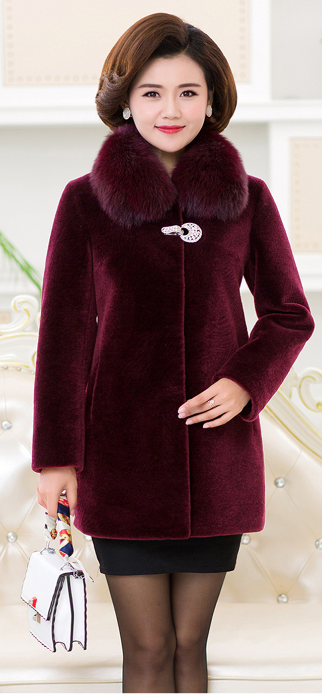羊剪绒大衣女新款2019秋冬中长款修身狐狸毛领妈妈皮草外套海宁
