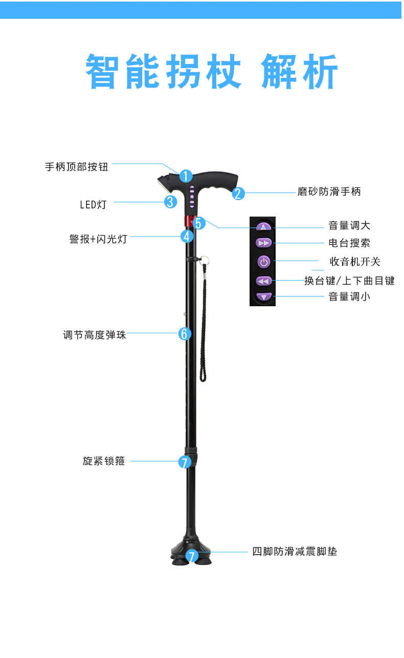 新款智能拐杖多功能收音机四脚手杖老年人铝合金拐棍会销礼品