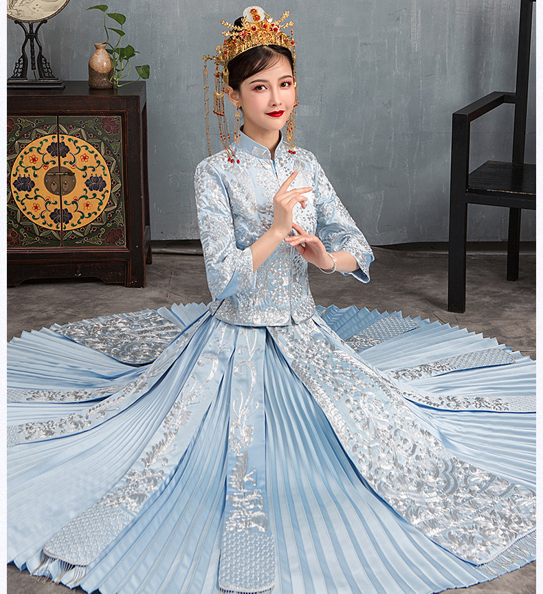 lu一丝同款冰蓝女神蓝色马来服秀禾服新娘2021新款中式龙凤褂嫁衣
