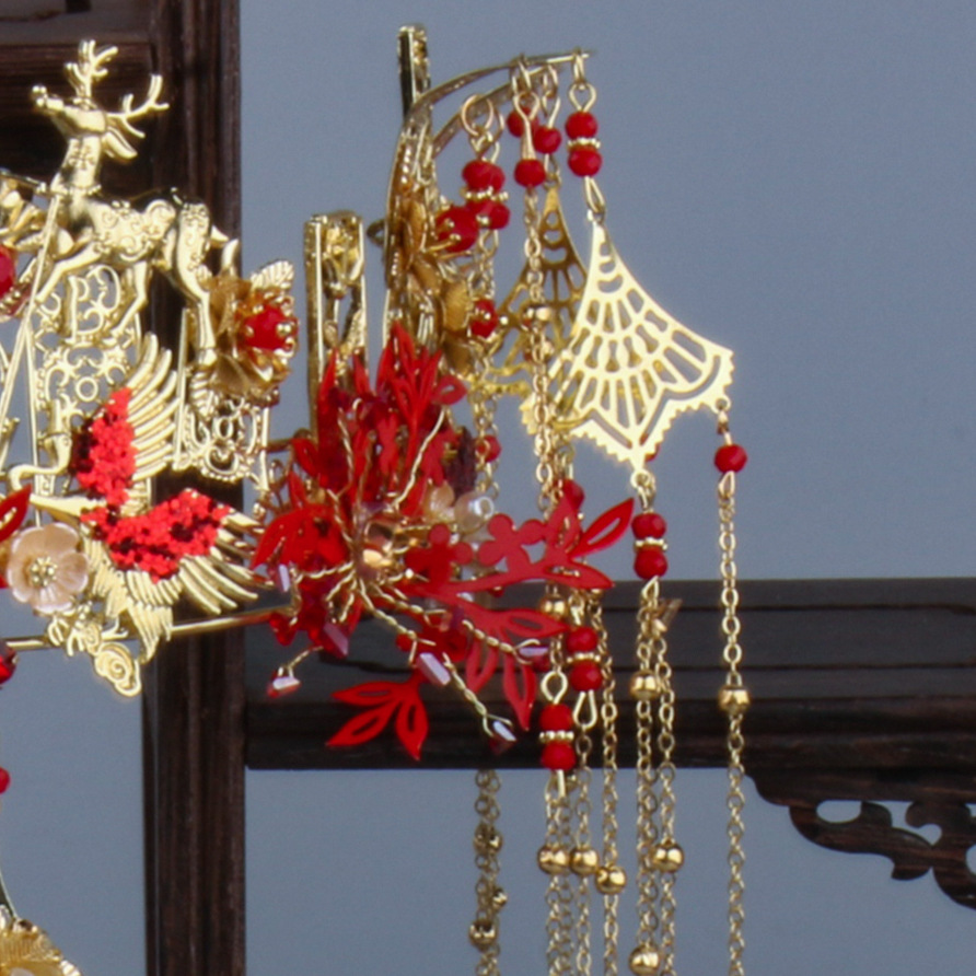 2020新娘秀禾服头饰新款中式流苏大气结婚敬酒服红色凤冠古装步摇