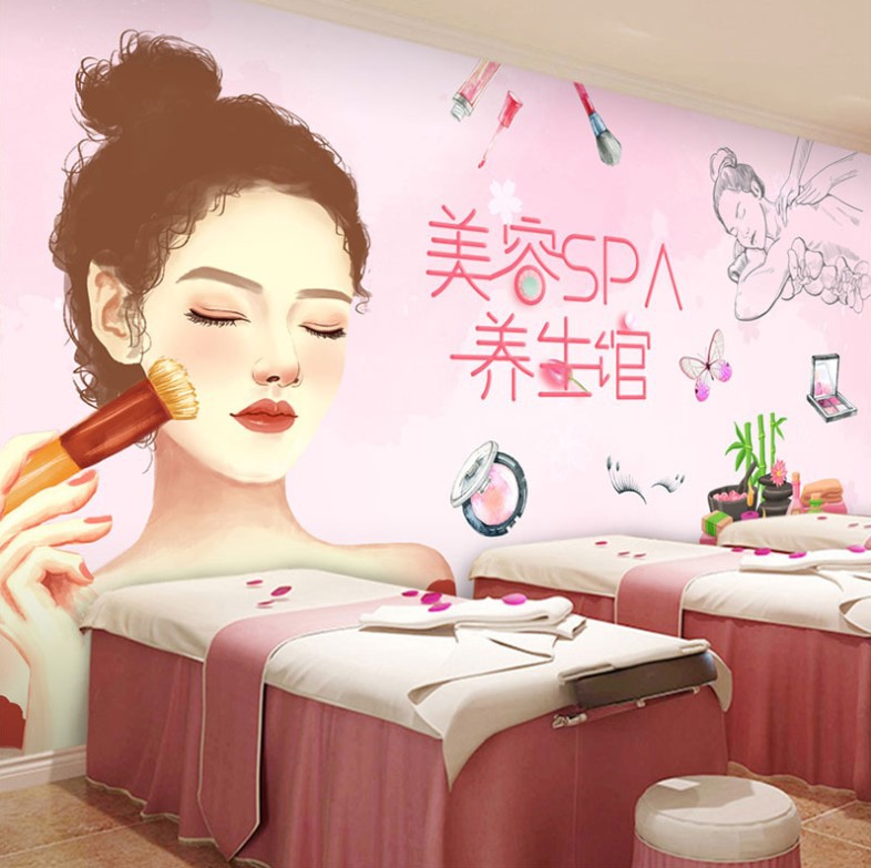 网红美容院美甲店壁纸spa养生馆背景壁画墙纸化妆品护肤品店墙布