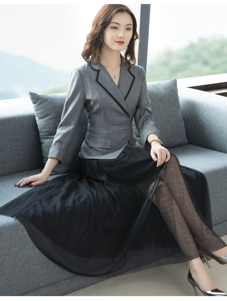 2019秋冬装新款端庄大气职业西装领拼接网纱假两件气质长裙连衣裙