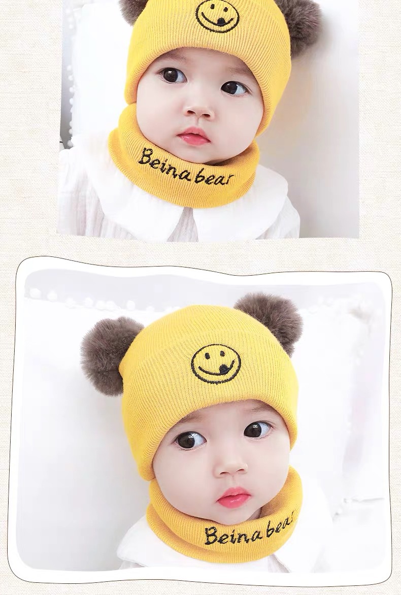 宝宝婴儿帽子秋冬季韩版笑脸双球套装毛线帽护耳保暖针织帽批发