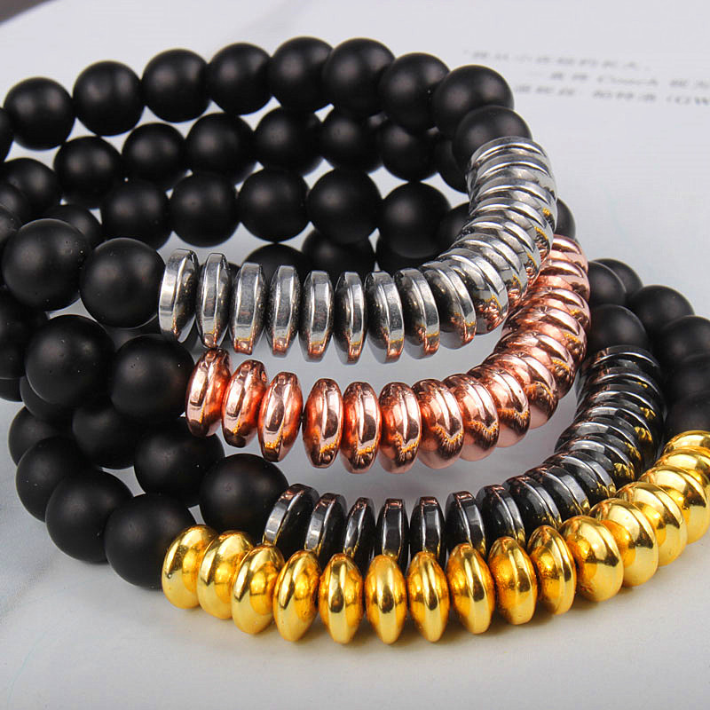 欧美跨境磨砂黑石电镀赤铁矿手链弹力手饰男女情侣手串饰品批发
