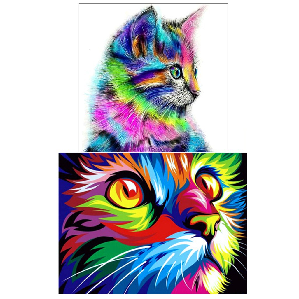 5d儿童钻石画客厅 国外热销款小幅动物图案彩色猫点钻贴钻十字绣