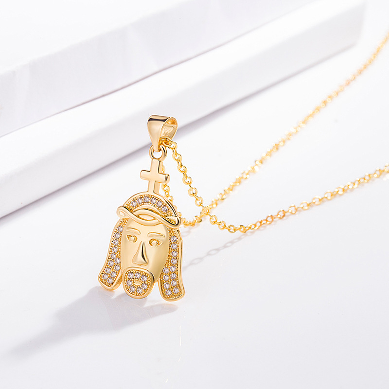 wish热卖欧美货源高品质嘻哈王冠耶稣头像吊坠镶锆石电镀白金吊坠