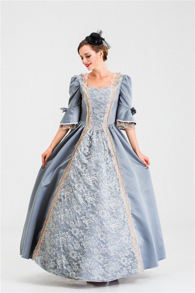 欧美万圣节蕾丝拼接大喇叭袖中世纪连衣裙宫廷复古女王表演服