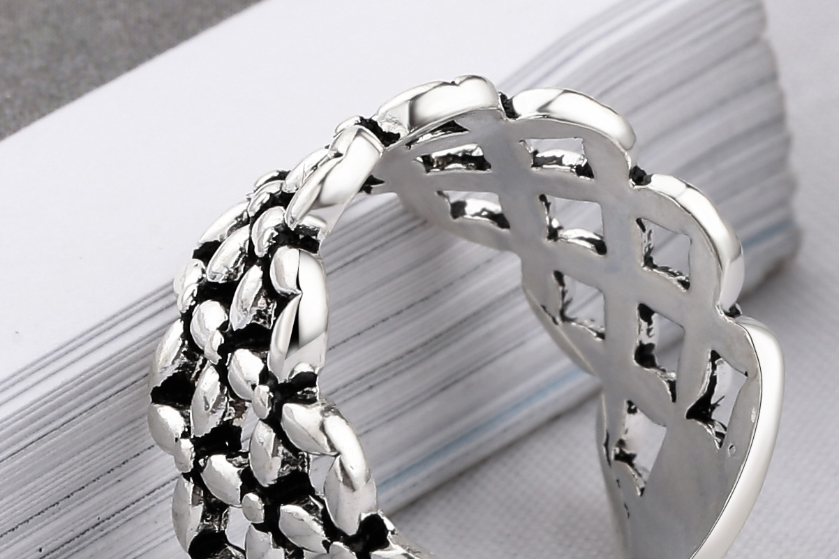 新款韩国韩版纯银手饰 格子网格开口做旧编织素银尾指戒子批发