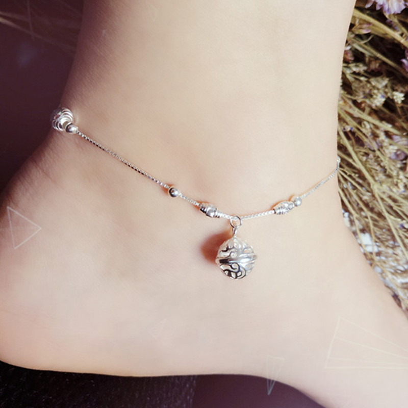 国潮s925纯银宫铃脚链光面镂空铃铛造型不会响复古风圆球脚链女