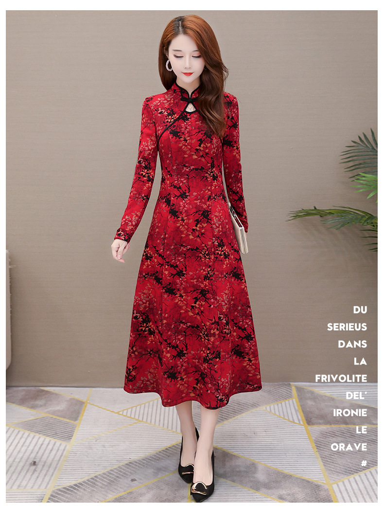 上海旗袍厂yweked91181加绒加厚凤仙领减龄时尚印花中长款过膝连衣裙