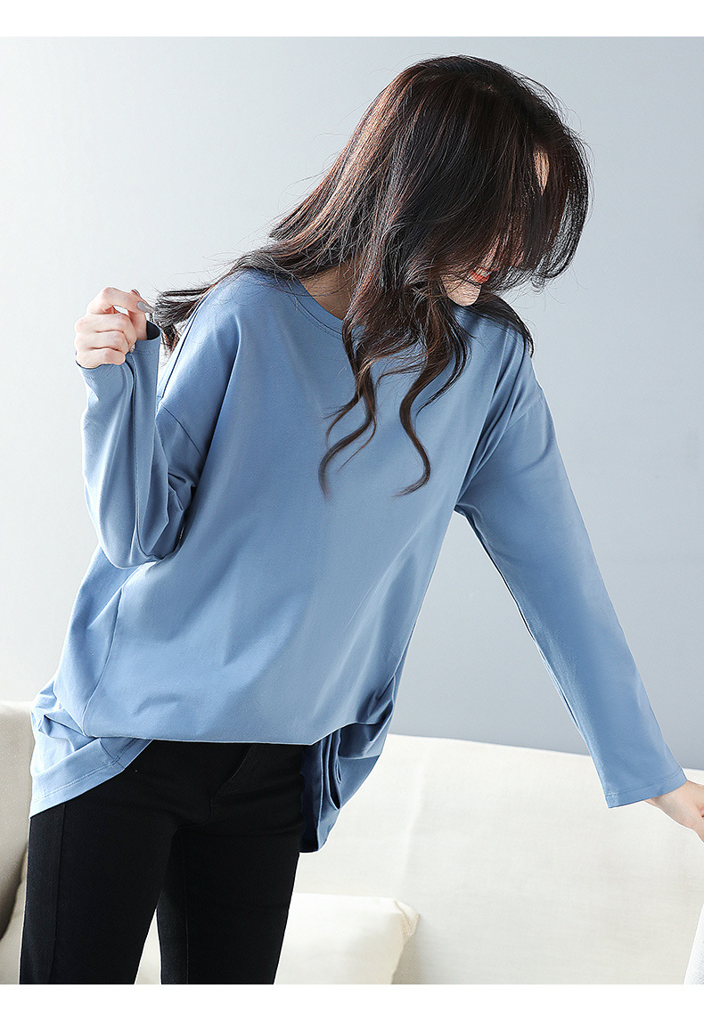 雾霾蓝宽松破洞t恤女中长款秋冬学生欧货大版长袖内搭打底衫ins潮