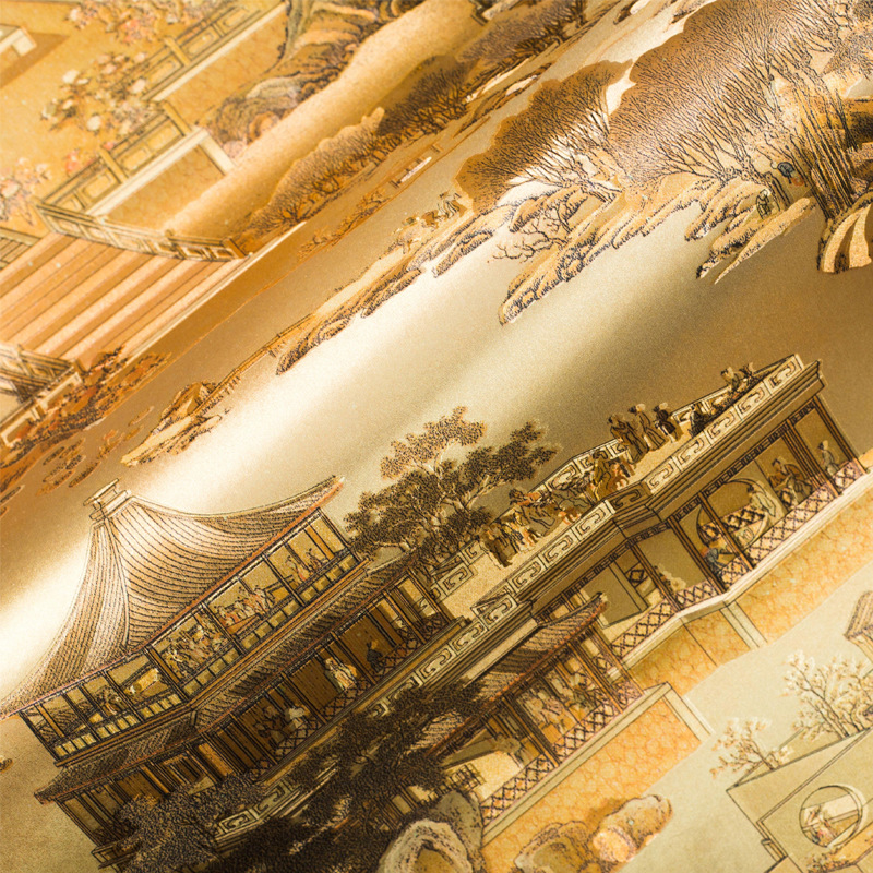 清明上河图墙纸金箔金色金黄色饭店餐馆餐厅中式店铺店面装修壁纸