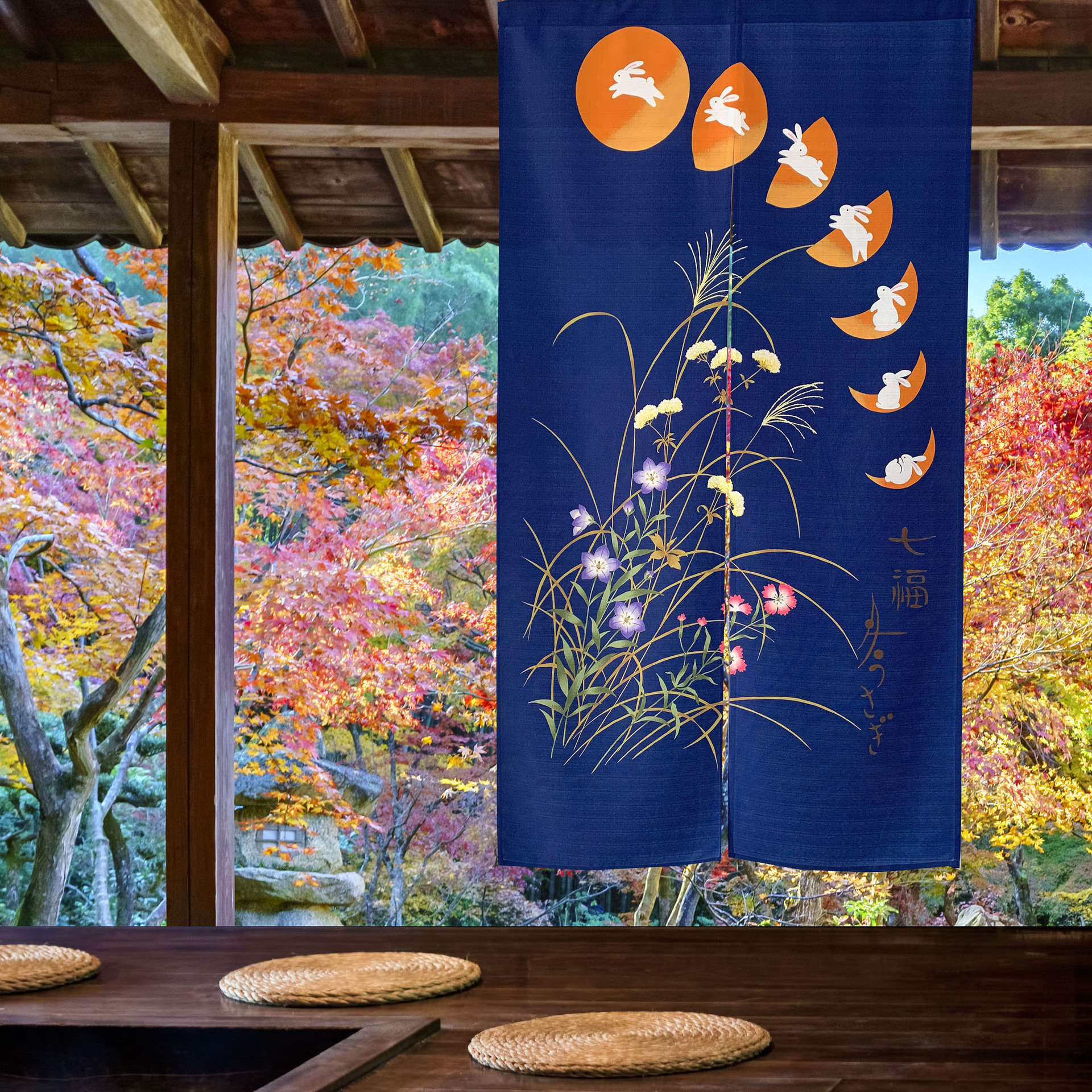 源头厂家直销布艺门帘 七福兔奔月 欢迎来图定制花样