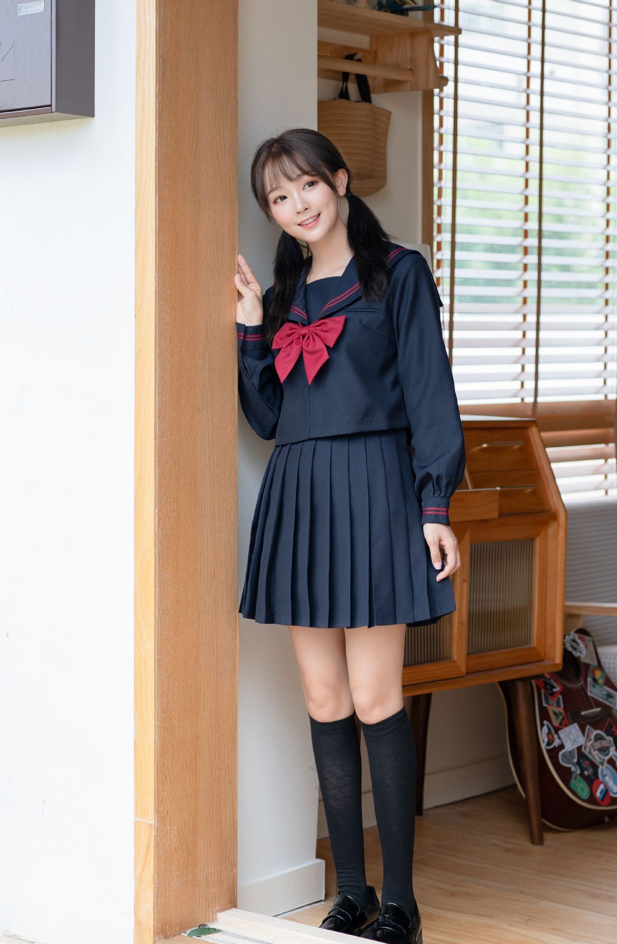 jk制服正统赤二本不良基础款黑色衣身水手服学生校班服中长裙套装