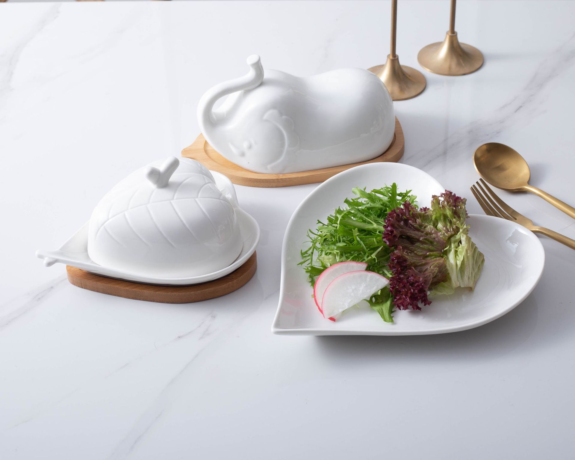 跨境 心形浮雕黄油碟叶脉纹理餐厅小吃碟配竹木托盘可定制logo