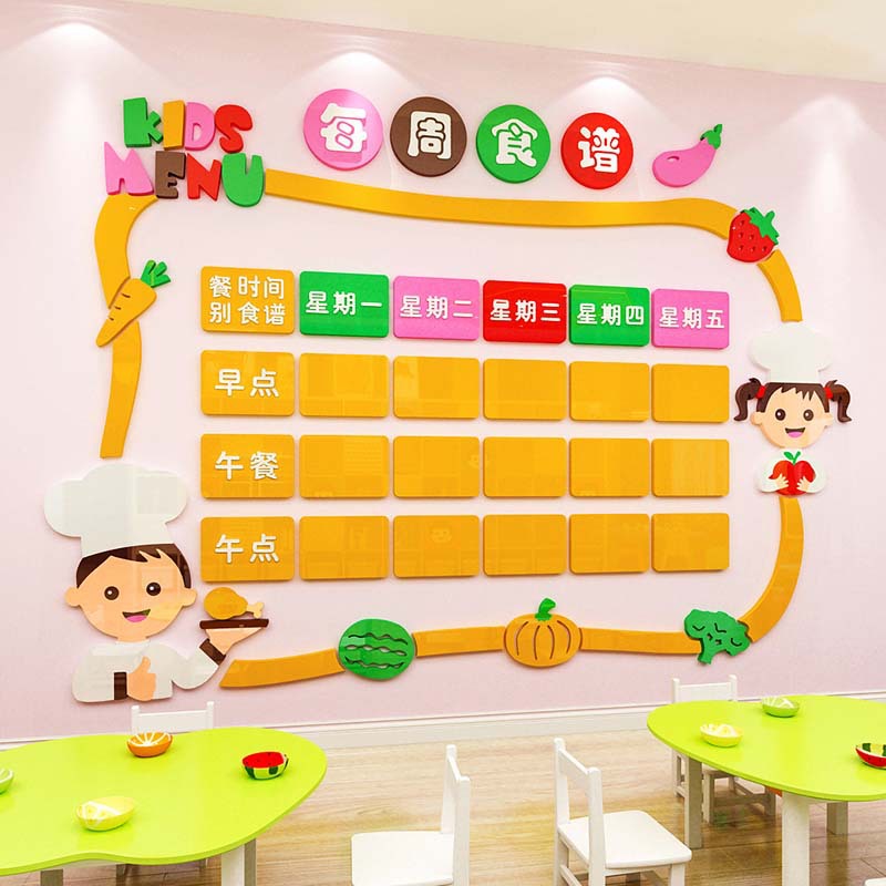 幼儿园食谱展示栏墙面装饰亚克力3d立体早教中心小饭桌菜谱墙贴纸